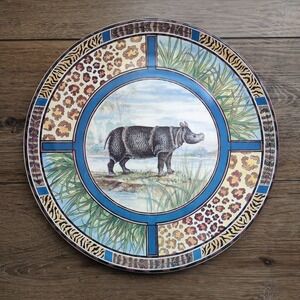 Gien France Savane 12" Rhinoceros Platter Plate Safari Animal Print + Box